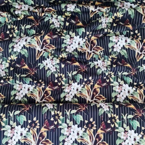 European Cotton Sateen, Oeko-Tex, Lily Flowers On Black Striped -Tailor Supplies Sales 2024 4717