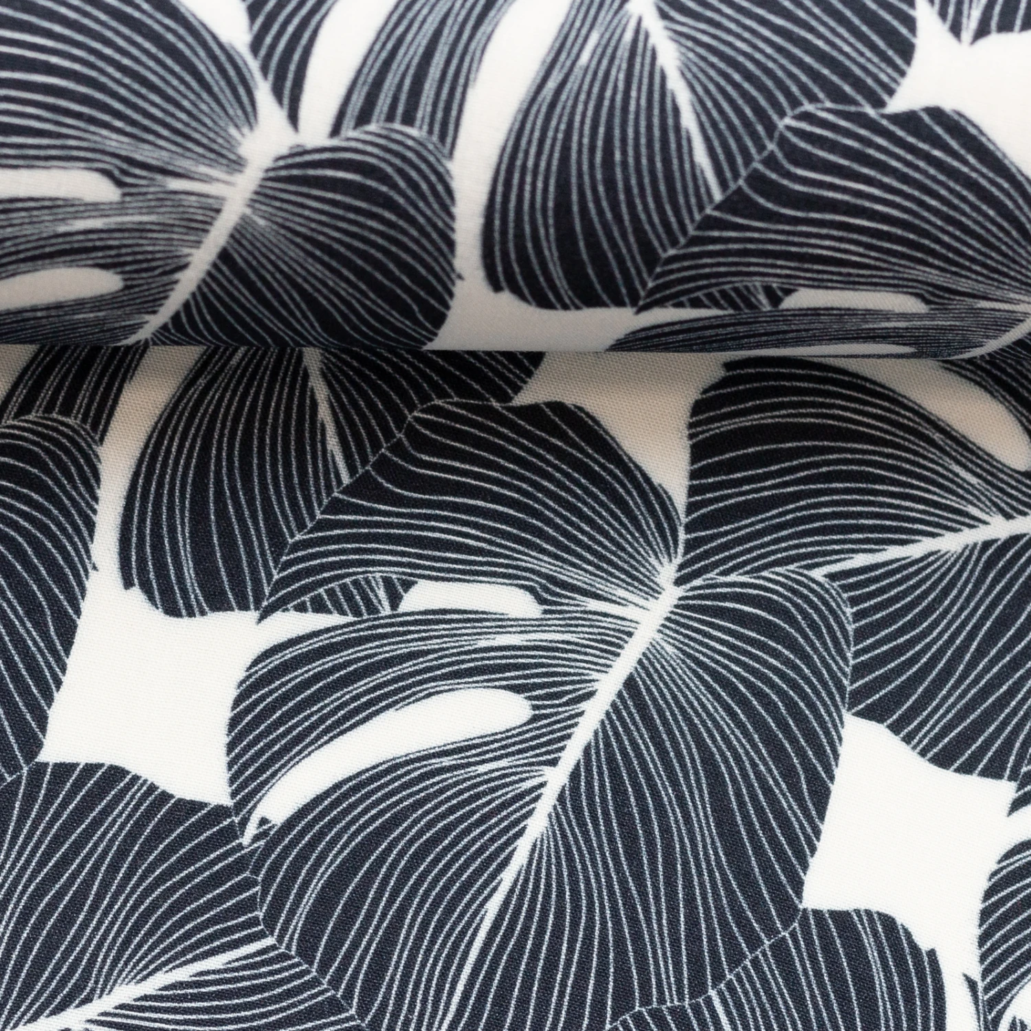 European Woven Viscose, Oeko-Tex, Dark Navy Monstera 2 European Woven Viscose, Oeko-Tex, Dark Navy Monstera - Image 2