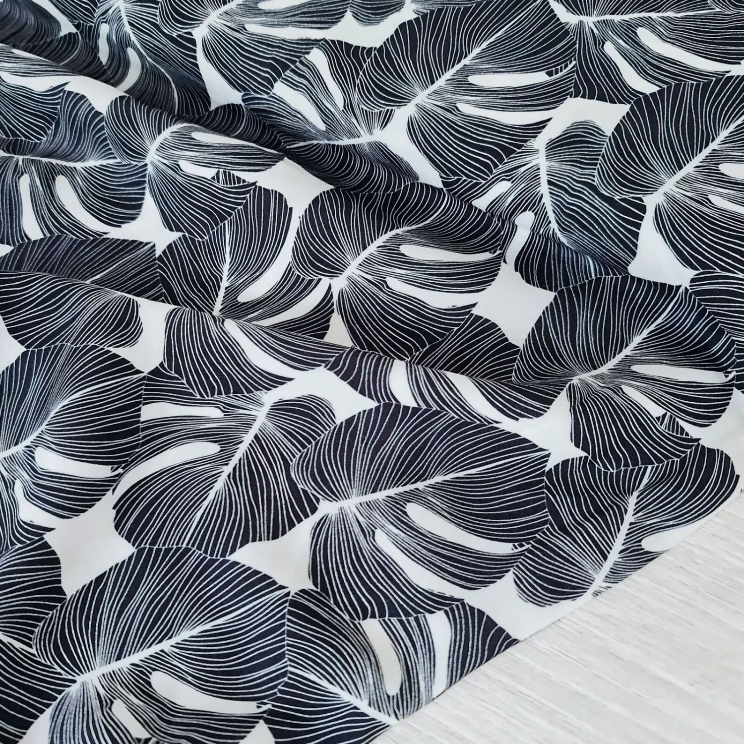 European Woven Viscose, Oeko-Tex, Dark Navy Monstera 1 European Woven Viscose, Oeko-Tex, Dark Navy Monstera