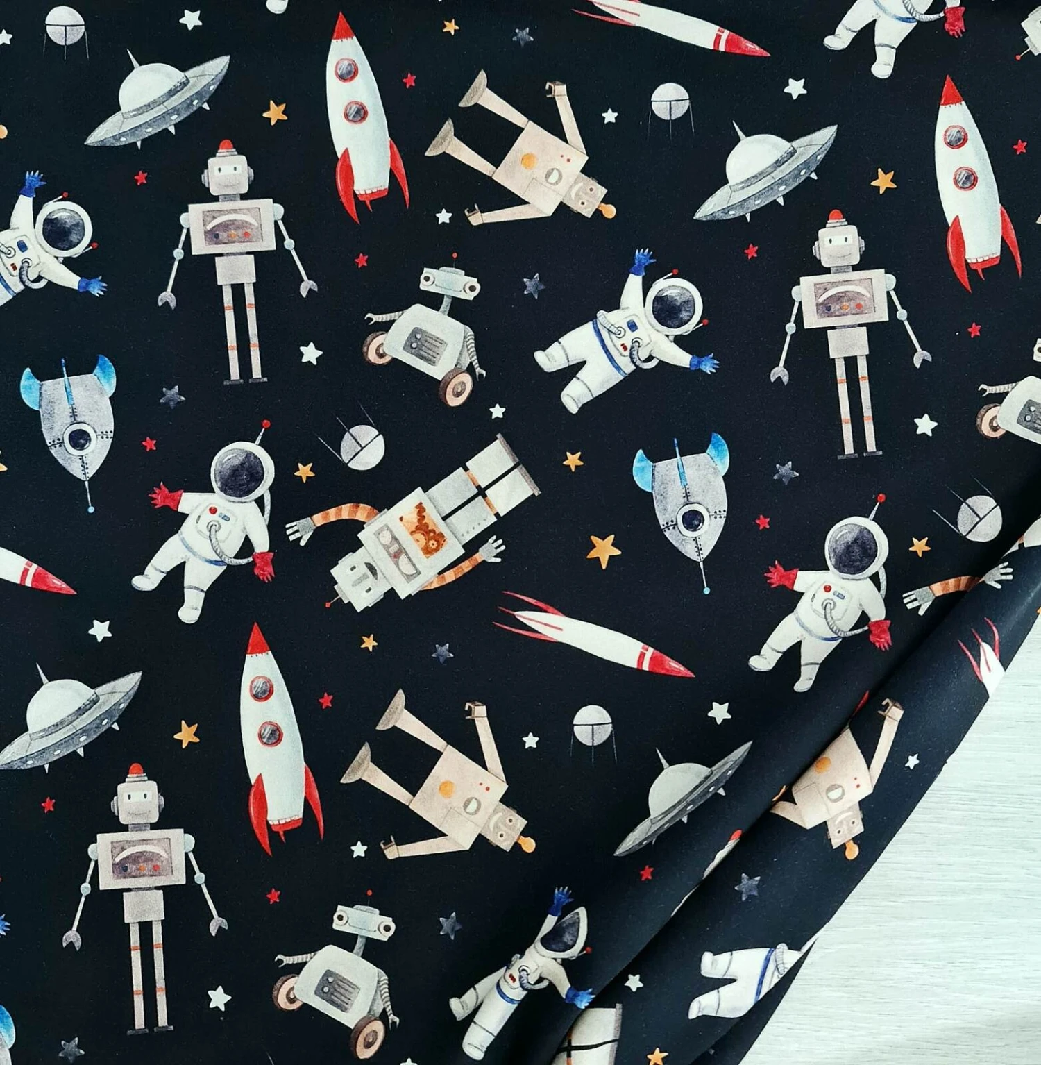 European Knit, Oeko-Tex French Terry, Astronauts & Robots Dark Navy 1 European Knit, Oeko-Tex French Terry, Astronauts & Robots Dark Navy