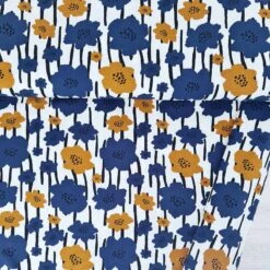 European Cotton Elastane Jersey, Oeko-Tex, Field Of Flowers Ochre Denim Blue
