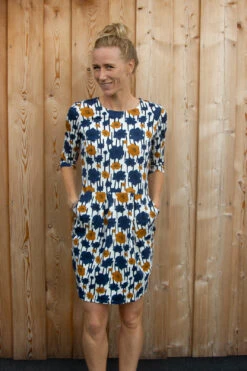 European Cotton Elastane Jersey, Oeko-Tex, Field Of Flowers Ochre Denim Blue -Tailor Supplies Sales 2024 8802 3