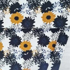 European Cotton Elastane Jersey, Oeko-Tex, Flowering Blooms Ochre Denim Blue