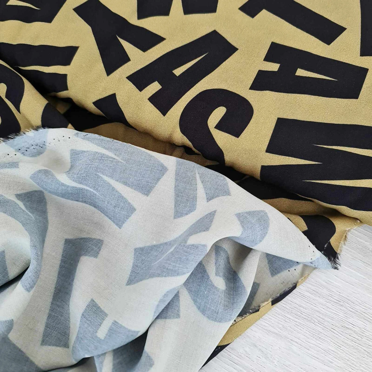 European Woven Viscose, Oeko-Tex, Bold Letters Light Olive 2 European Woven Viscose, Oeko-Tex, Bold Letters Light Olive - Image 2