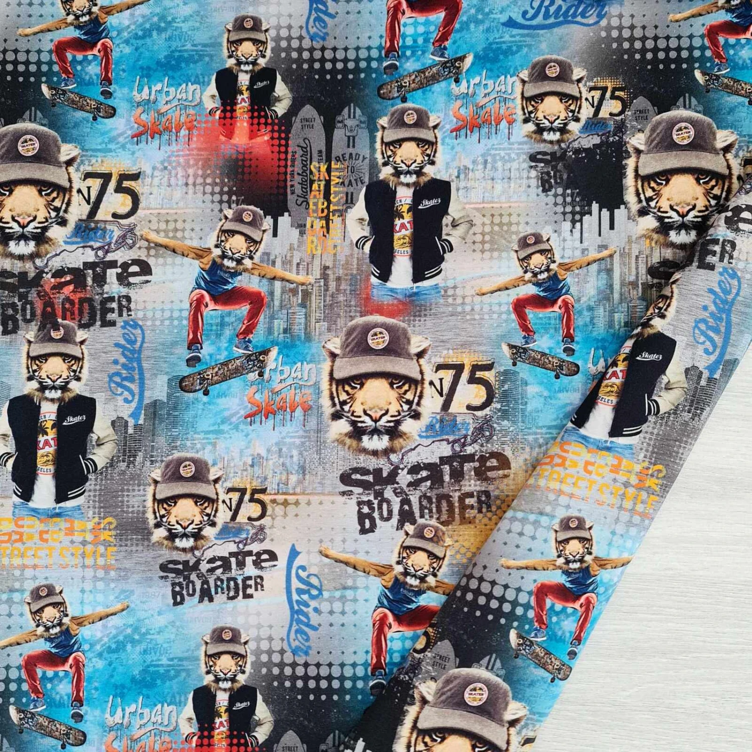 European Cotton Elastane Jersey, Oeko Tex, Tiger Skateboarder 1 European Cotton Elastane Jersey, Oeko Tex, Tiger Skateboarder