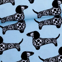 *REMNANT 98cm* PaaPii Design, GOTS Organic Jersey, Raksu Light Blue (Sausage Dog)