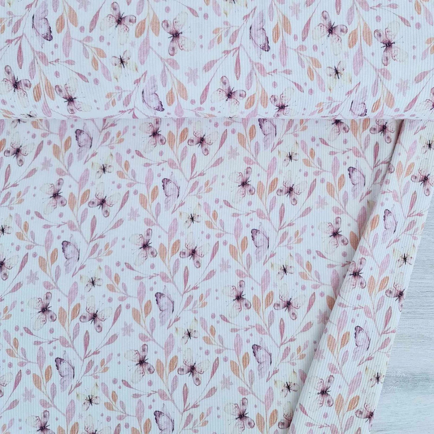 European Fine Ribbed Jersey Knit, Oeko-Tex, Butterflies Pink 1 European Fine Ribbed Jersey Knit, Oeko-Tex, Butterflies Pink