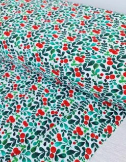 European Cotton Elastane Jersey, GOTS Organic, Xmas Berries White -Tailor Supplies Sales 2024 9103 4