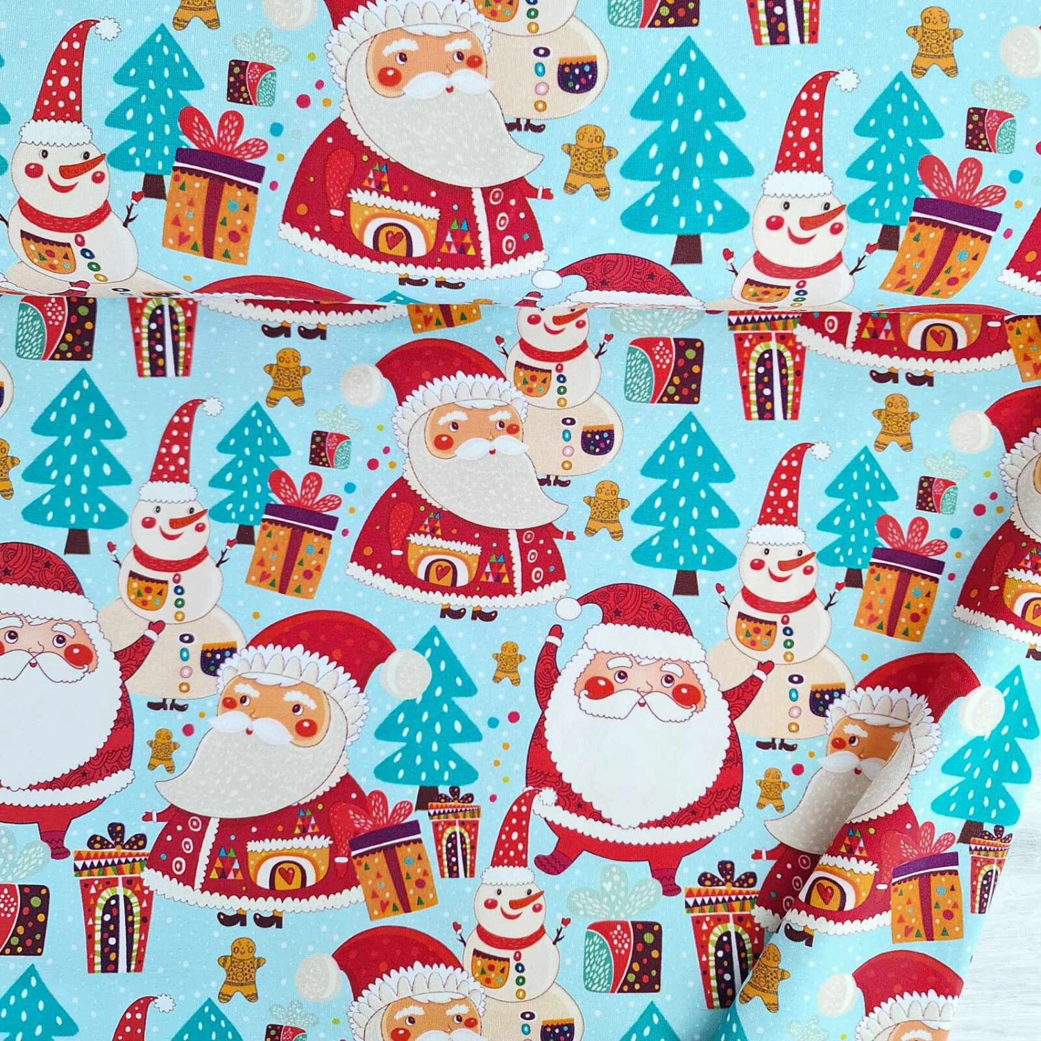 European Cotton Elastane Jersey, GOTS Organic, Santa & Snowman Blue 1 European Cotton Elastane Jersey, GOTS Organic, Santa & Snowman Blue