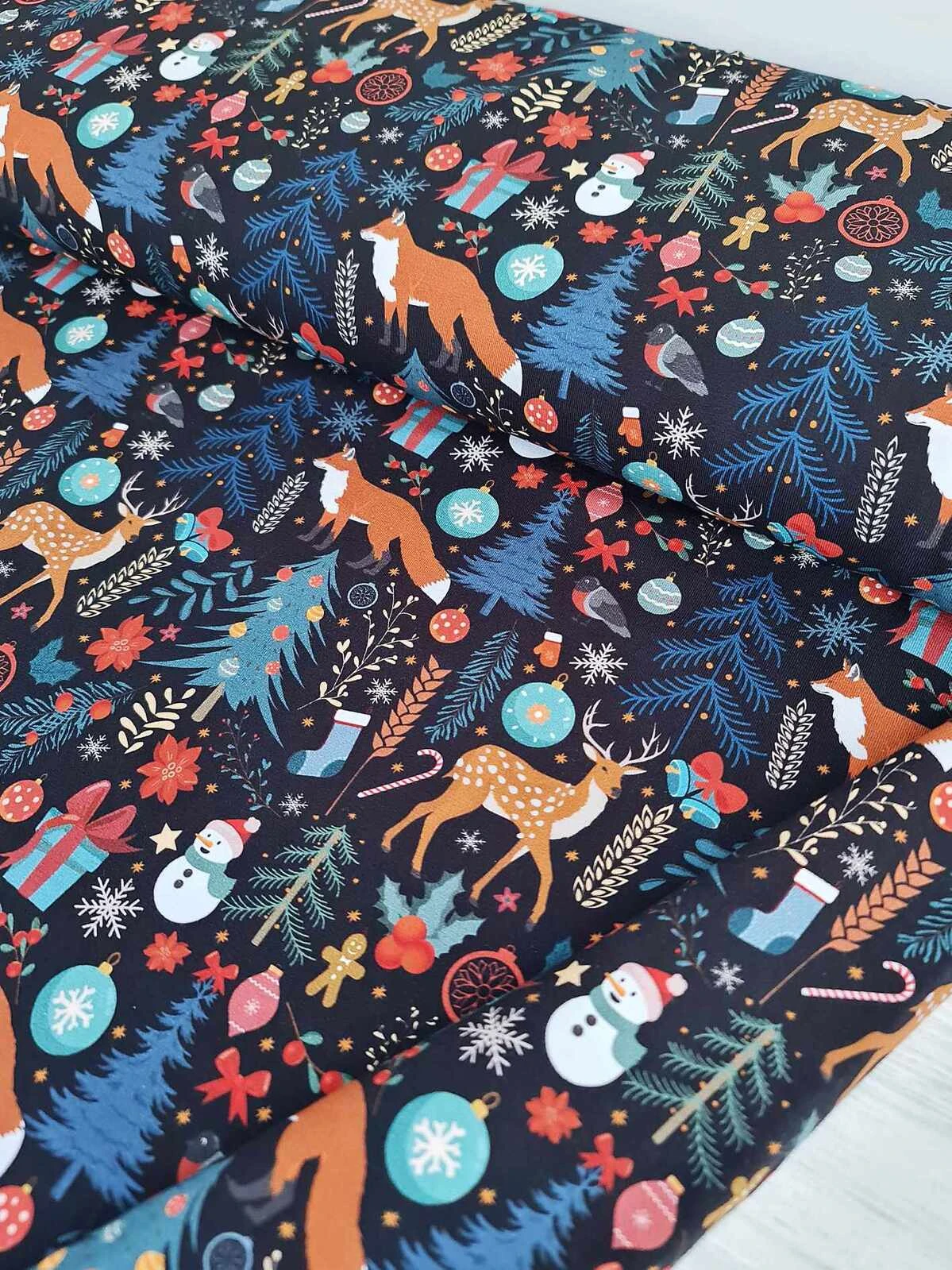 European Cotton Elastane Jersey, GOTS Organic, Christmas Animals Black 2 European Cotton Elastane Jersey, GOTS Organic, Christmas Animals Black - Image 2