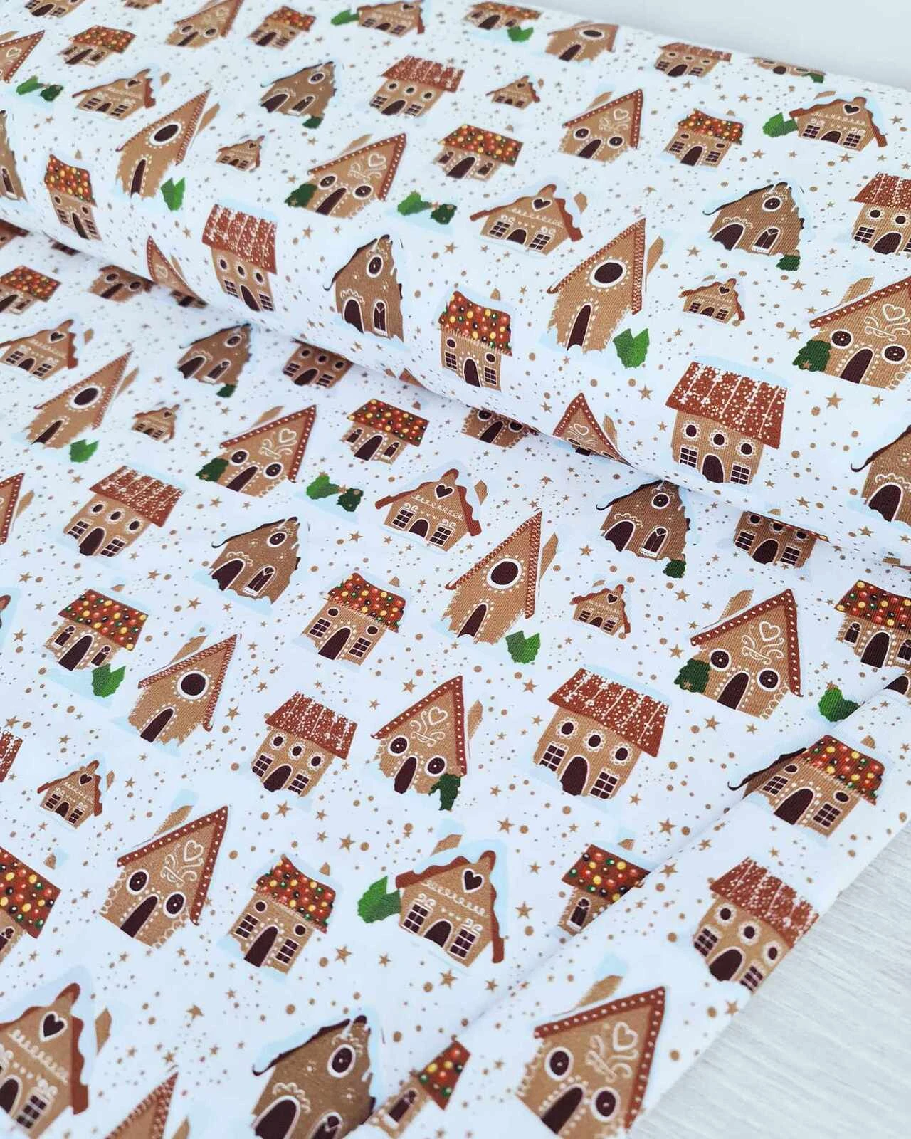 European Cotton Elastane Jersey, GOTS Organic, Gingerbread Houses White 2 European Cotton Elastane Jersey, GOTS Organic, Gingerbread Houses White - Image 2