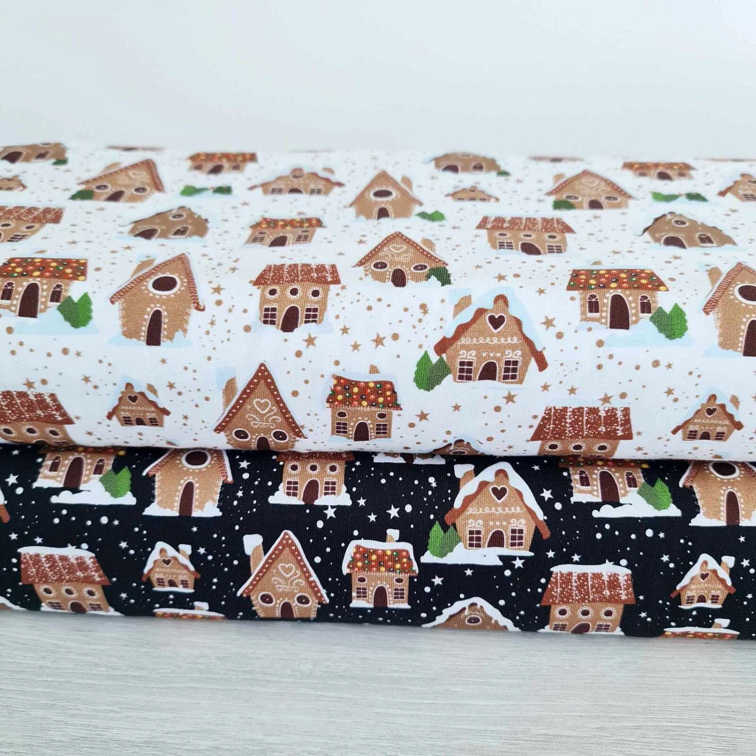 European Cotton Elastane Jersey, GOTS Organic, Gingerbread Houses White 3 European Cotton Elastane Jersey, GOTS Organic, Gingerbread Houses White - Image 3