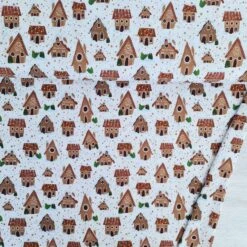 European Cotton Elastane Jersey, GOTS Organic, Gingerbread Houses White