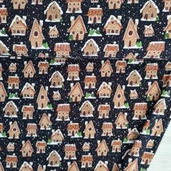 European Cotton Elastane Jersey, GOTS Organic, Gingerbread Houses Black