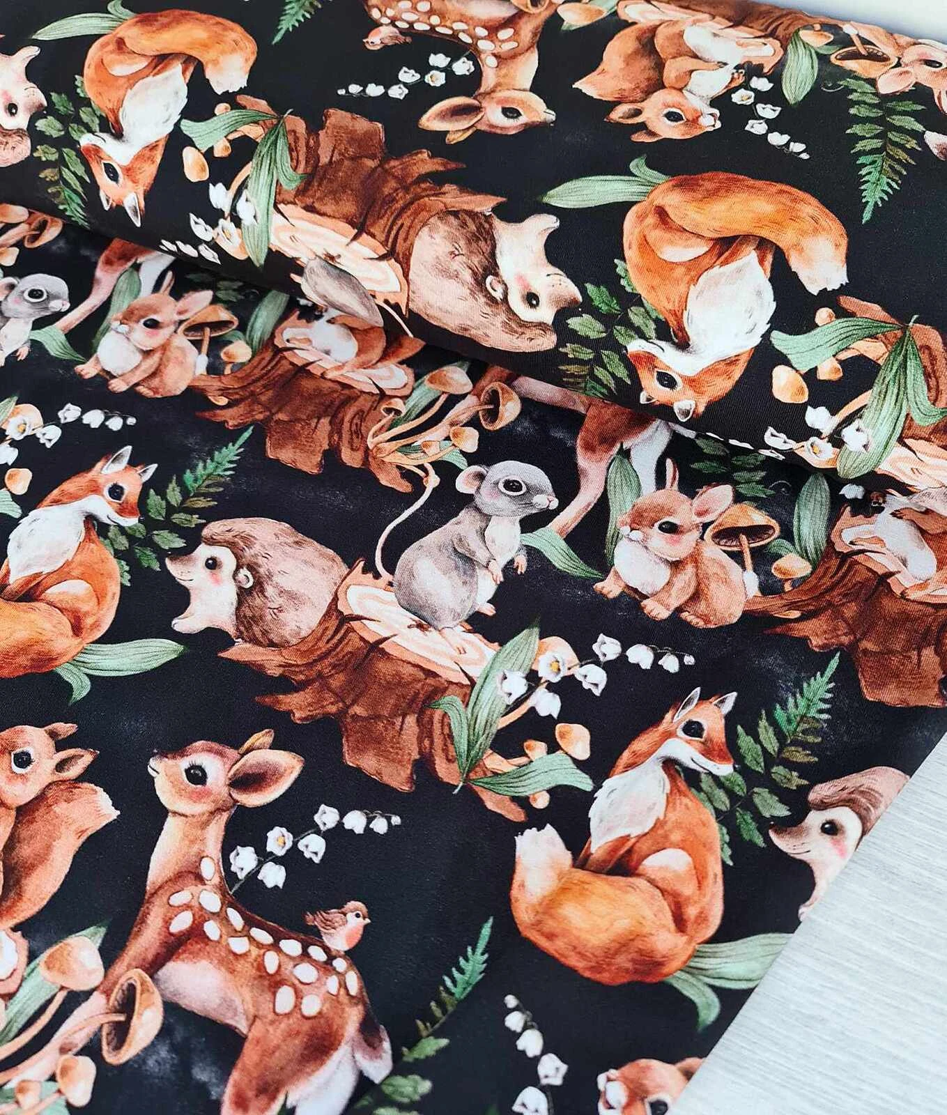 European Cotton Elastane Jersey, GOTS Organic, Forest Friends Black 2 European Cotton Elastane Jersey, GOTS Organic, Forest Friends Black - Image 2