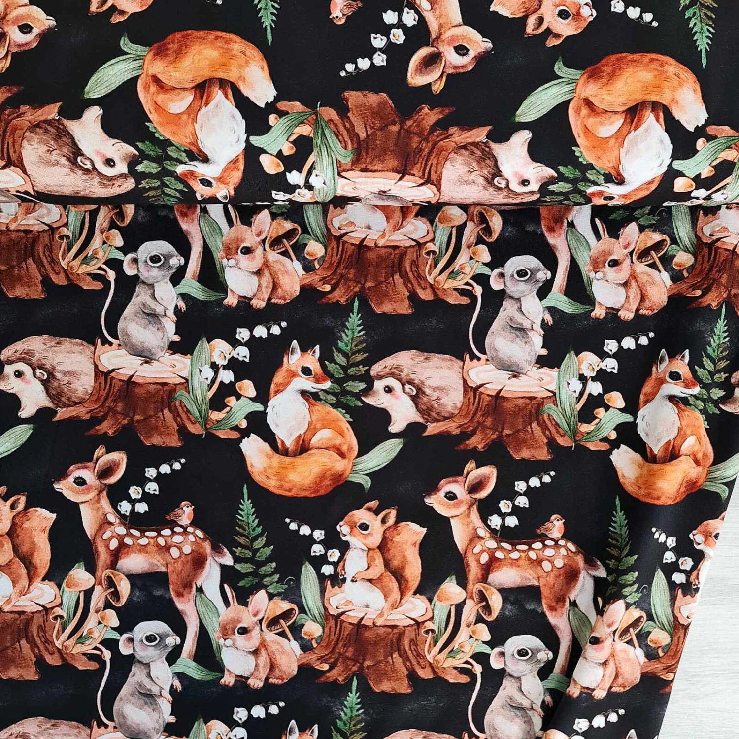 European Cotton Elastane Jersey, GOTS Organic, Forest Friends Black 1 European Cotton Elastane Jersey, GOTS Organic, Forest Friends Black