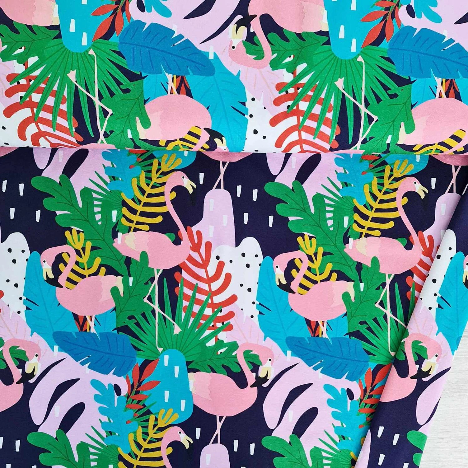 European Cotton Elastane Jersey, GOTS Organic, Flamingo Palm Beach 1 European Cotton Elastane Jersey, GOTS Organic, Flamingo Palm Beach