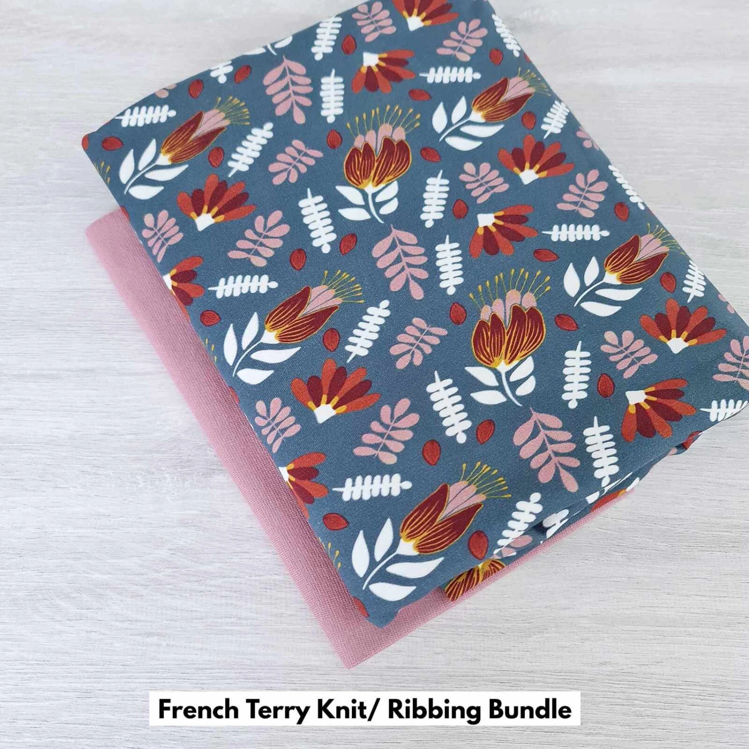 *2 PIECE BUNDLE* European Knit, Oeko-Tex French Terry, Floral Dark Steel Blue & Rose Ribbing 1 *2 PIECE BUNDLE* European Knit, Oeko-Tex French Terry, Floral Dark Steel Blue & Rose Ribbing