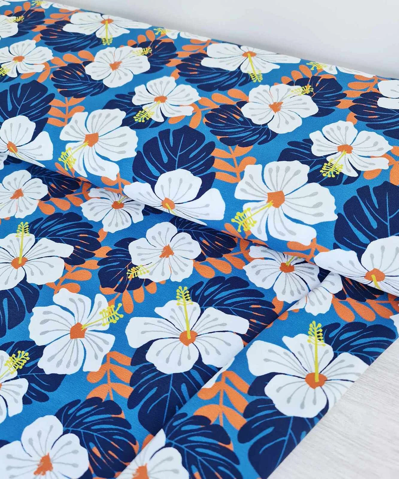 European Cotton Elastane Jersey, Oeko-Tex, Hibiscus Blue Orange 2 European Cotton Elastane Jersey, Oeko-Tex, Hibiscus Blue Orange - Image 2