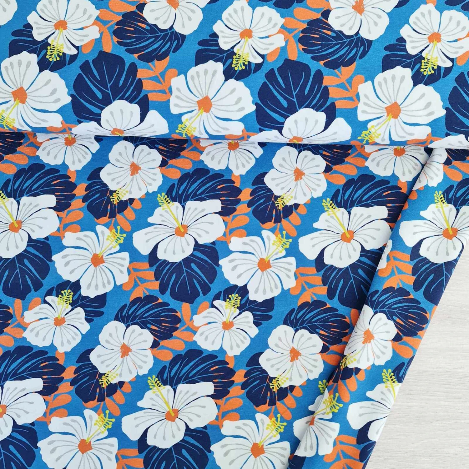 European Cotton Elastane Jersey, Oeko-Tex, Hibiscus Blue Orange 1 European Cotton Elastane Jersey, Oeko-Tex, Hibiscus Blue Orange